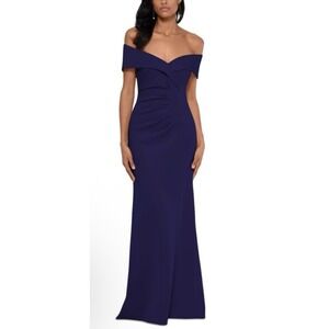 XSCAPE Womens Sleeveless Off Shoulder Full-Length Evening Fit + Flare Dress Navy